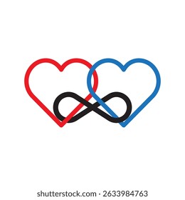 Infinity hearts icon. Red blue love. Eternal relationship shape. Vector unity symbol.