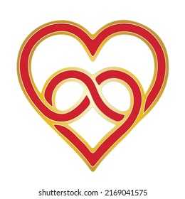 Infinity hearts knot. Symbol for eternal, everlasting love. Red and gold heart shapes intertwined as infinity sign isolated on white background.