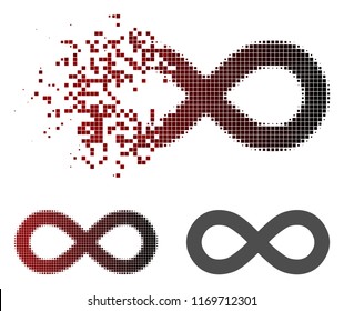 Infinity icon in dispersed, pixelated halftone and undamaged whole versions. Elements are combined into vector dispersed infinity form.