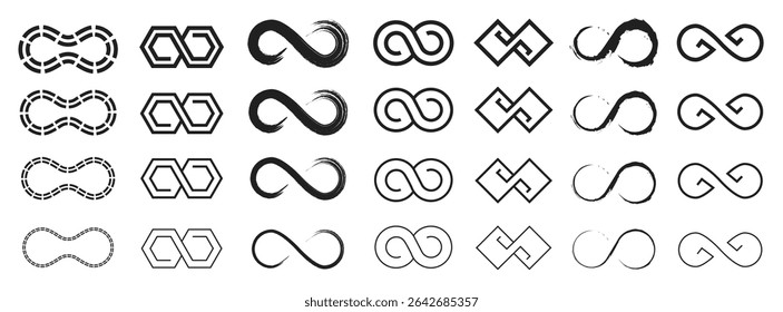 Infinity icon. Endless Mobius loop symbol, limitless eternal geometric arrow symbols inverted 8 shape, forever infinite loops logo design elements. Vector limitless sign set.