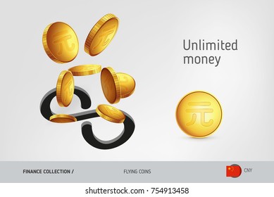 Infinity icon with flying Chinese Yuan coins coins, finance concept. Vector illustration for print, websites, web design, mobile app, infographics.