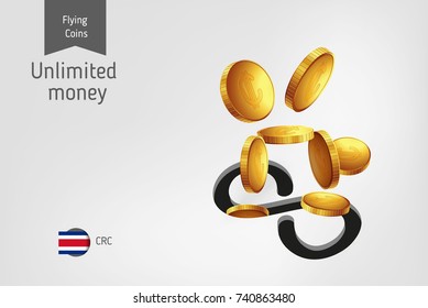 Infinity icon with flying Costa Rican Colon coins, finance concept. Vector illustration for print, websites, web design, mobile app, infographics.