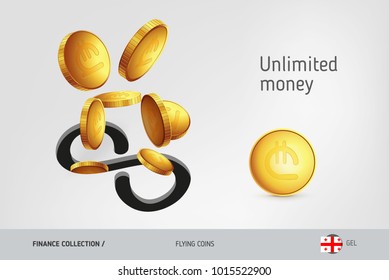 Infinity icon with flying Georgian Lari coins, finance concept. Vector illustration for print, websites, web design, mobile app, infographics.