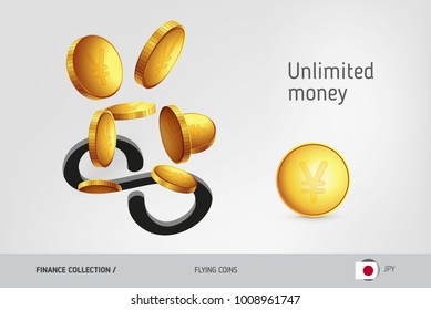 Infinity icon with flying Japanese Yen coins, finance concept. Vector illustration for print, websites, web design, mobile app, infographics.