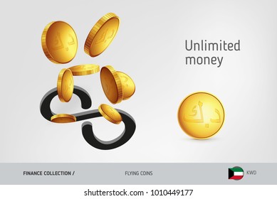 Infinity icon with flying Kuwaiti Dinar coins, finance concept. Vector illustration for print, websites, web design, mobile app, infographics.