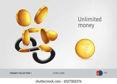 Infinity icon with flying Mongolian Tughrik coins, finance concept. Vector illustration for print, websites, web design, mobile app, infographics.