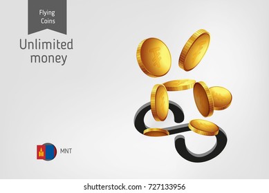 Infinity icon with flying Mongolian Tughrik coins, finance concept. Vector illustration for print, websites, web design, mobile app, infographics.