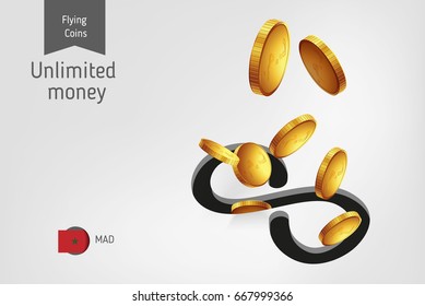 Infinity icon with flying Moroccan Dirham coins, finance concept.