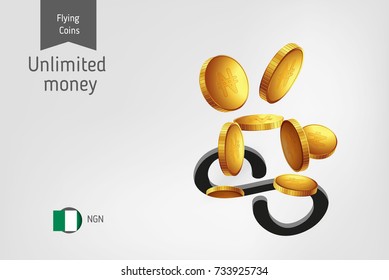 Infinity icon with flying Nigerian Naira coins, finance concept. Vector illustration for print, websites, web design, mobile app, infographics.