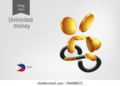 Infinity icon with flying Philippine Peso coins, finance concept.