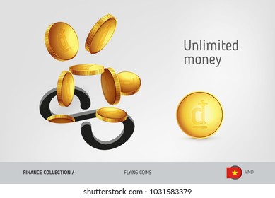 Infinity icon with flying Vietnamese Dong coins, finance concept. Vector illustration for print, websites, web design, mobile app, infographics.