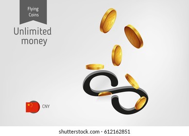 Infinity icon with flying yuan coins, finance concept.