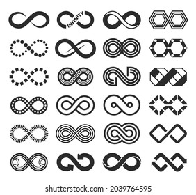 Infinity Icon, Infinite Symbol Sign, Eternal Loop Logo. Black Unlimited Arrow Strokes, Endless Rings, Mobius Shape Symbols Vector Set. Curvy Futuristic Identity Logotype, Modern Emblems