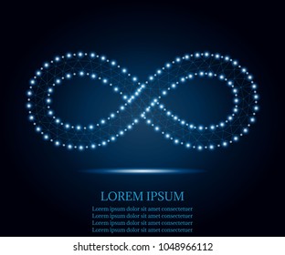 Infinity icon from lines, triangles, point (dots) connecting network on blue sky starry background. Polygonal low poly design. Business wireframe polygon concept. Abstract technology illustration.