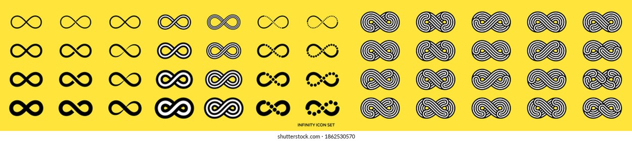 Infinity icon set. Infinity, eternity, infinite, endless, loop symbols. Unlimited infinity collection icons flat style. Isolated over background. Elements with black and white fill. Vector