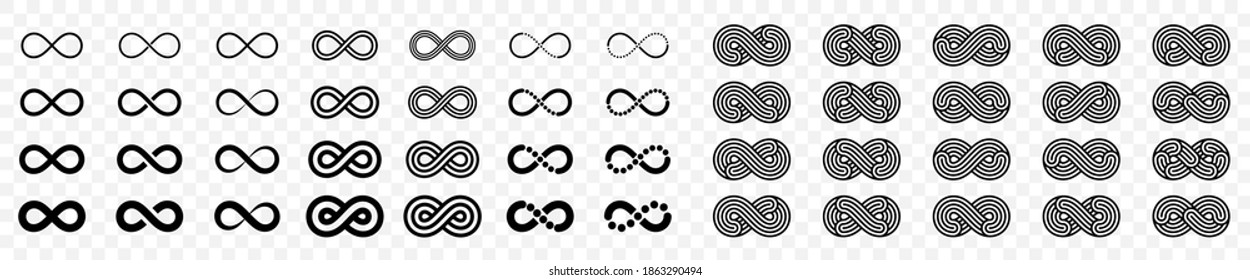 Infinity icon set. Infinity, eternity, infinite, endless, loop symbols. Unlimited infinity collection icons flat style. Isolated over background. Outline elements without fill. Vector illustration