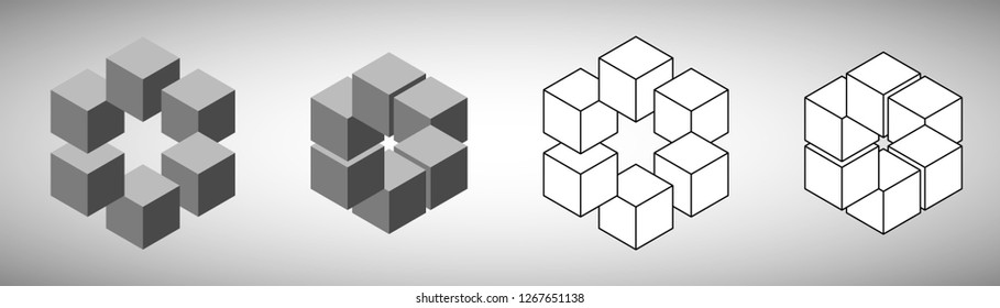 Infinity or Impossible hexagon set. Impossible shape. Penrose figure. Unreal geometrical symbol from cubes. Vector Illustration.