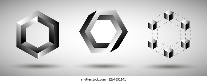 Infinity or Impossible hexagon set. Impossible shape. Penrose figure. Unreal geometrical symbol from cubes. Vector Illustration.