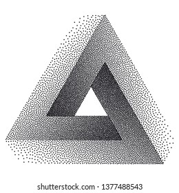 Infinity or Impossible Triangle. Penrose triangle with Black Dots. Unreal geometrical symbol for Your Business project. Pointillism. Vector Dotwork Illustration