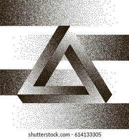 Infinity or Impossible Triangle. Penrose triangle with Black Dots. Vector Dotwork Illustration. 
