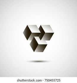 Infinity or Impossible Triangle with shadow. Black Penrose triangle. Unreal geometrical symbol from cubes. Vector Illustration.