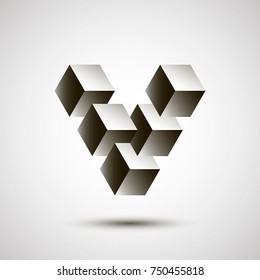 Infinity or Impossible Triangle with shadow. Black Penrose triangle. Unreal geometrical symbol from cubes. Vector Illustration.