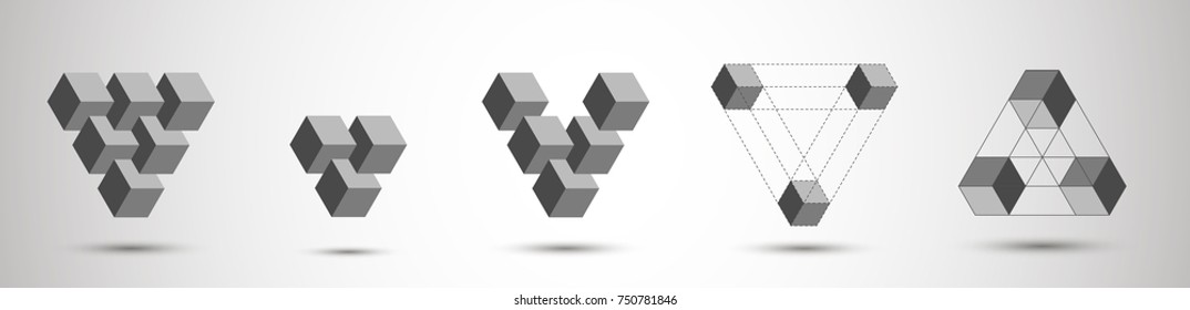 Infinity or Impossible Triangle with shadow. Gray Penrose triangle big set. Unreal geometrical symbol from cubes. Vector Illustration.
