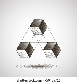 Infinity or Impossible Triangle with shadow. Penrose triangle with Black Dots. Unreal geometrical symbol from cubes. Pointillism. Vector Dotwork Illustration.