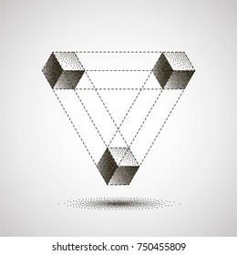 Infinity or Impossible Triangle with shadow. Penrose triangle with Black Dots. Unreal geometrical symbol from cubes. Pointillism. Vector Dotwork Illustration.