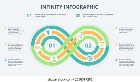 Infinity infographic, loop timeline diagram, 2 steps or options chart. Business strategy model, investment process concept vector template. Progress chain and business planning unity