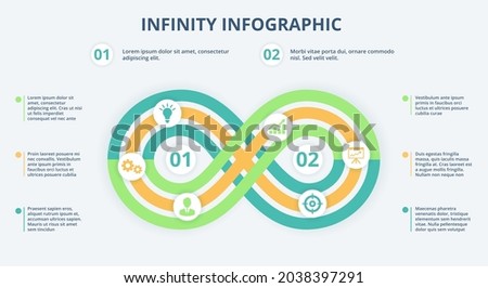 Infinity infographic, loop timeline diagram, 2 steps or options chart. Business strategy model, investment process concept vector template. Progress chain and business planning unity