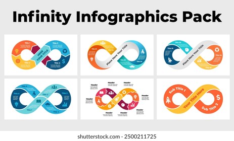 Infinity infographics. Circle Arrows Diagram. Flow puzzle chart. Startup business cycle icon. Clear modern graphic design. 2, 3, 4, 5, 6, 9 steps options . Creative presentation template slide. 