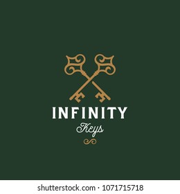 Infinity Keys. Abstract Vector Sign, Symbol or Logo Template. Crossed Keys Sillhouettes with Infinite Loop Elements and Classy Retro Typography. Vintage Vector Emblem. Green Background.