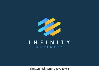 Infinity Logo. Blue and Yellow Geometric Hexagonal Striped Lines Style isolated on Dark Blue Background. Usable for Business and Technology Logos. Flat Vector Logo Design Template Element.