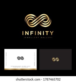 Infinity logo, consist of golden strips or ribbons. Infinity abstract emblem. Logo can be used for business, jewelries production, ladies luxury boutique.