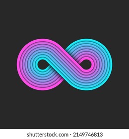 Infinity logo or cyberpunk endless symbol pink and blue gradient, overlapping multilayer striped round infinite 3d geometric shape.