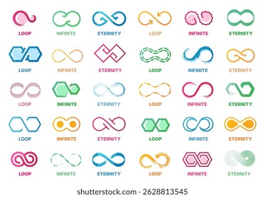 Logotipo Infinity. Ícones de fita de loop Mobius infinitos para design de conceito ilimitado, sinais de eternidade geométricos abstratos, modernos loops símbolos de círculo de movimento. Conjunto de loop colorido vetorial.