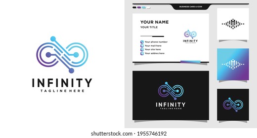 Infinity logo with gradient tech style and business card design. Infinity technology logo. Premium Vector