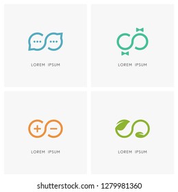 Infinity logo set. Good conversation, man and woman, power system, green leaf and seed symbol - chat or discussion, wedding and family, endless source of energy, nature and new life icons.