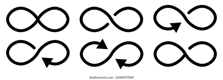 Infinity loop with arrow icon set abstract unlimited cycle repeat symbol vector illustration in minimal bold black curved line style.