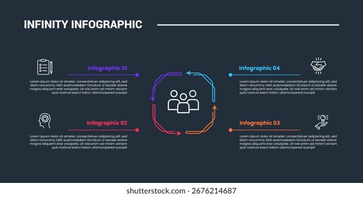 infinity loop concept infographic process diagram with circular arrow on quadrant structure balance with dark background bright outline style and 4 points vector