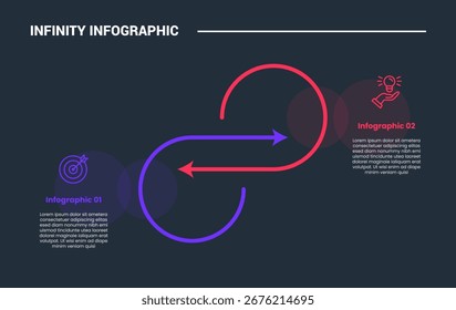 infinity loop concept infographic process diagram with arrow cycle opposite direction with dark background bright outline style and 2 points vector