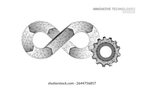 Loop infinito com conceito de engrenagem. Símbolo eterno processo sem fim arte poligonal. Fluxo de trabalho de negócios automação desenvolvimento indústria. Vetor de plano de fundo cinza claro de estilo poli baixo.