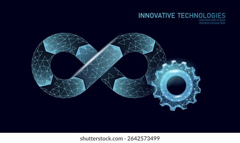 Infinity loop and gear concept. Perpetual cycle development process. Software engineering automation DevOps management business solutions. Low poly neon blue dark background vector