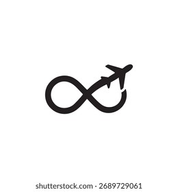 Infinity loop merged with airplane shape representing endless travel and freedom. Ideal for travel agencies, flight, or adventure branding.