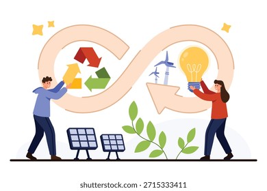 Infinity loop with recycling arrows, solar panels, wind turbines, light bulb, and people symbolizing circular economy, renewable energy, and eco-friendly innovation isolated on white background vector
