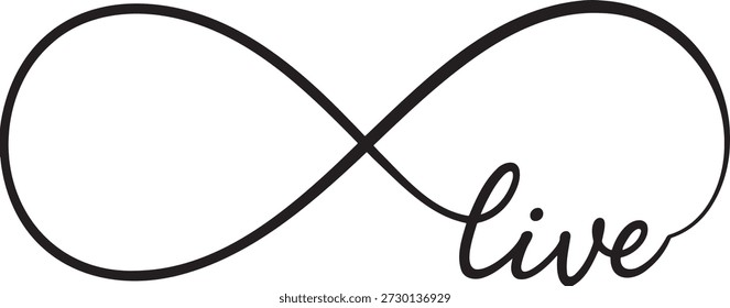Bucle Infinity perfectamente integrado con Word Live en una sola línea continua. Arte vectorial que representa la vida eterna, posibilidades ilimitadas, y vivir plenamente. Diseño minimalista con significado simbólico.