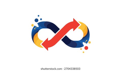 Símbolo de bucle infinito con flechas rojas y Elementos abstractos de colores, que representan un proceso continuo.