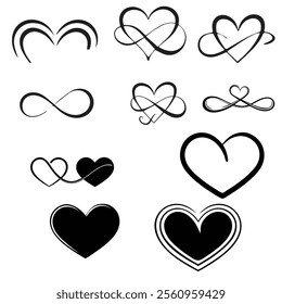 Infinity love flourish. Hand drawn heart decorative flourishes, love ornate tattoo design and infinity hearts vector set. Endless love logo, wedding card heart print. Isolated vector symbols set.