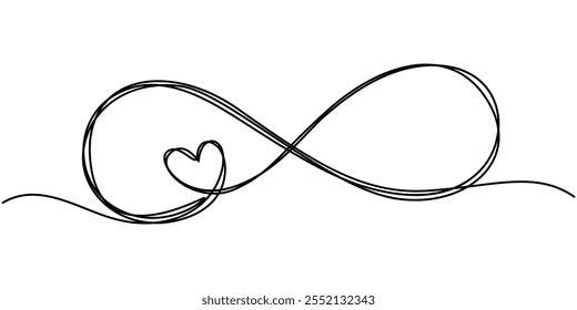 Infinity love icon. Continuous line art drawing Heart and Infinity symbol. Friendship and love concept. Best friend forever. Vector illustration, One continuous line drawing of Infinity symbol.